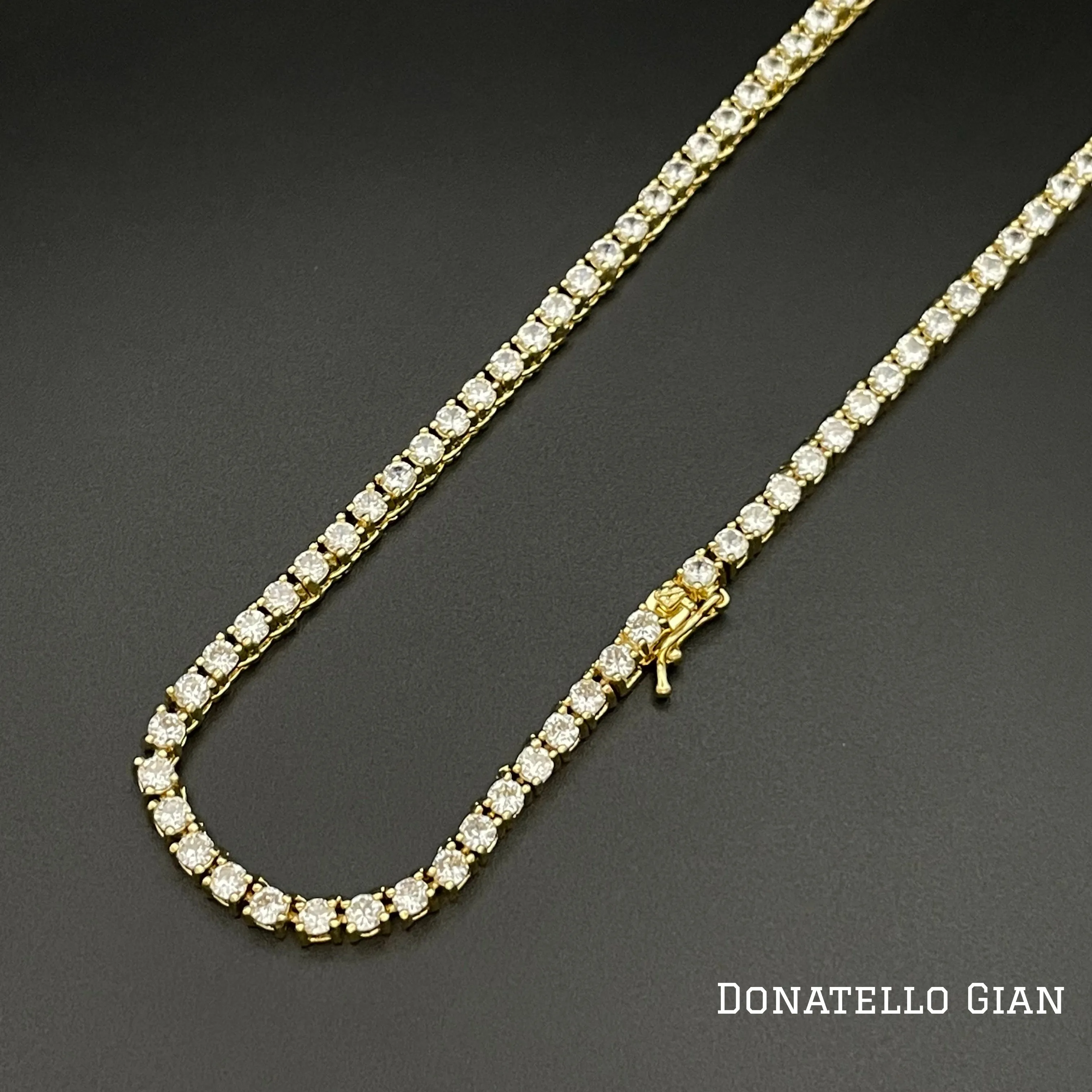 14K Yellow Gold Plated Round Tennis Necklace 3MM, 16 Inch, Crystal Tennis Necklace, Choker Necklace For Men And Women