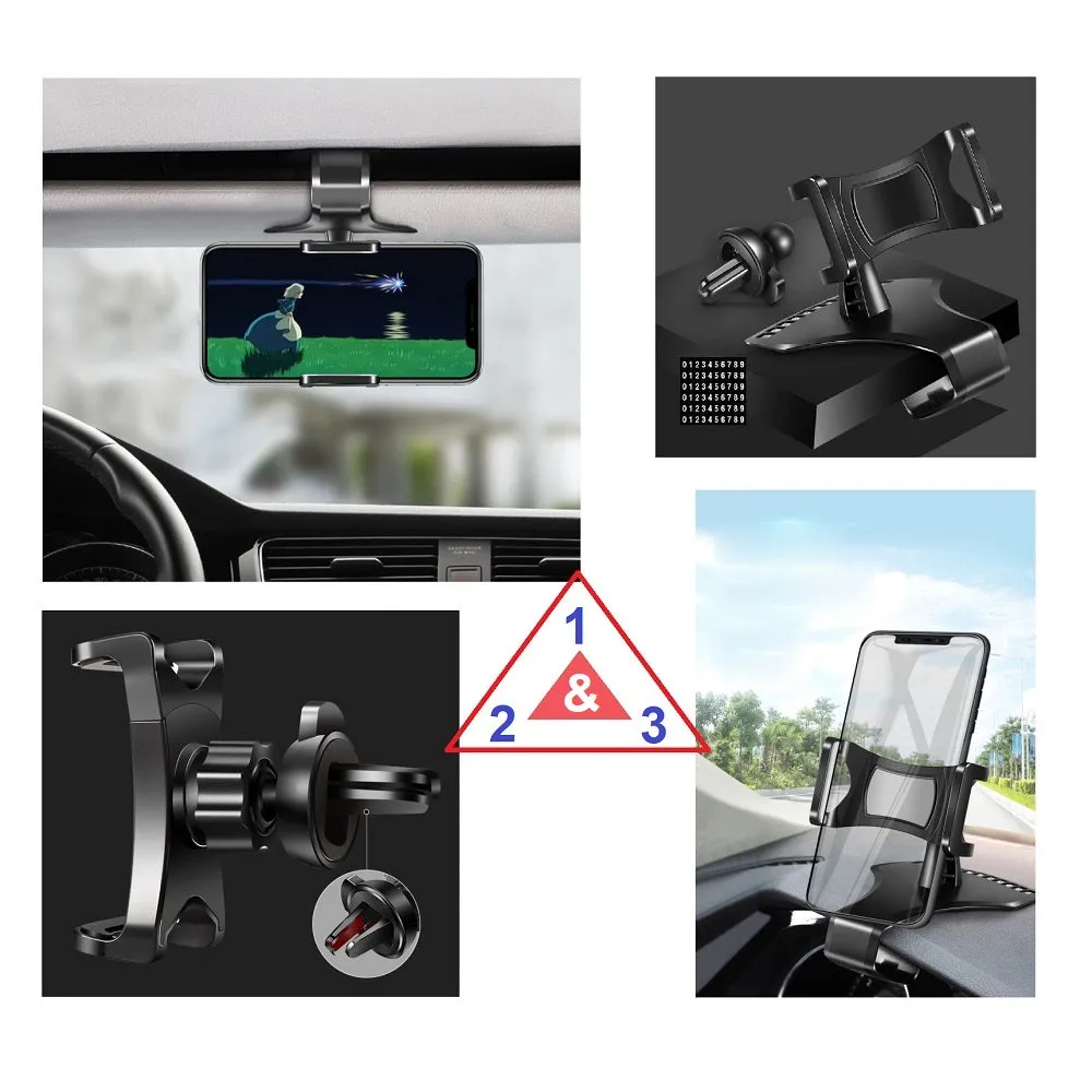 3 in 1 Car GPS Smartphone Holder: Dashboard / Visor Clamp   AC Grid Clip for Sharp Hybrid 007SH, The Hybrid 007SH - Black