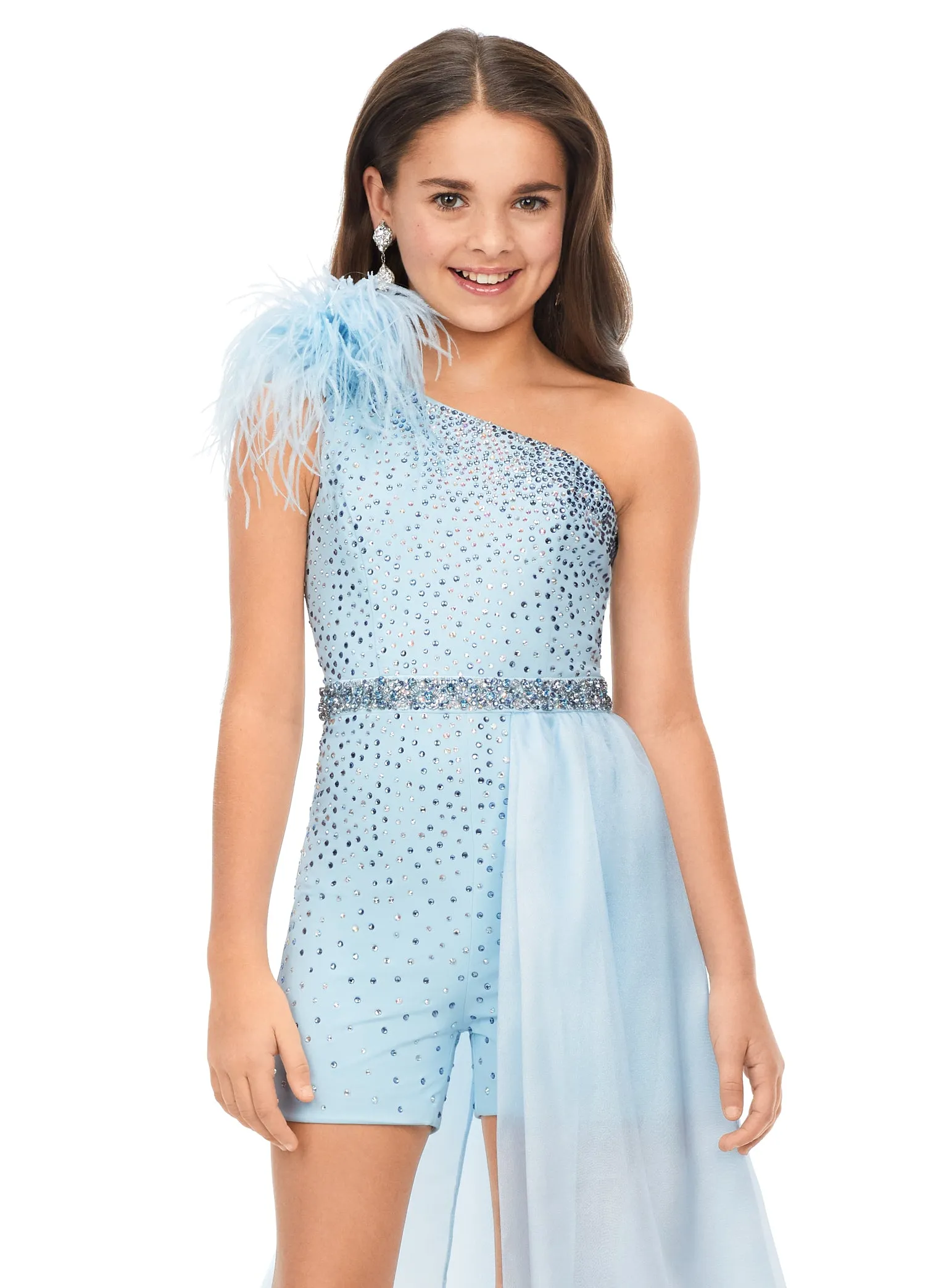 Ashley Lauren Kids 8177 Girls One Shoulder Romper Feathers and Side overskirt