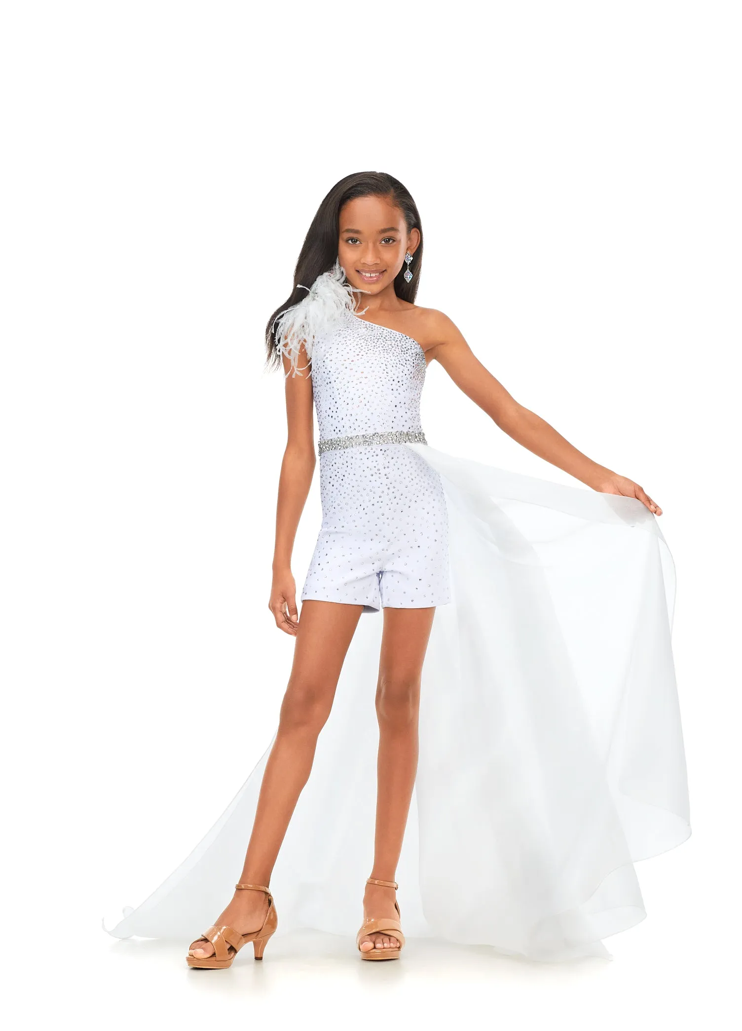 Ashley Lauren Kids 8177 Girls One Shoulder Romper Feathers and Side overskirt