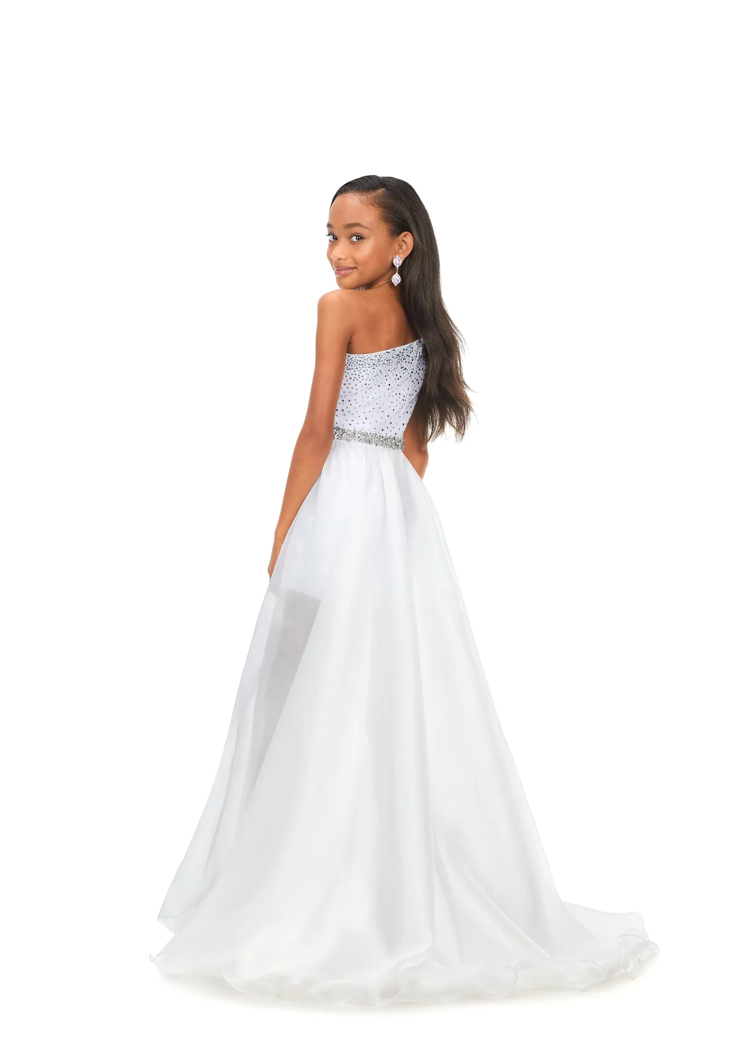 Ashley Lauren Kids 8177 Girls One Shoulder Romper Feathers and Side overskirt