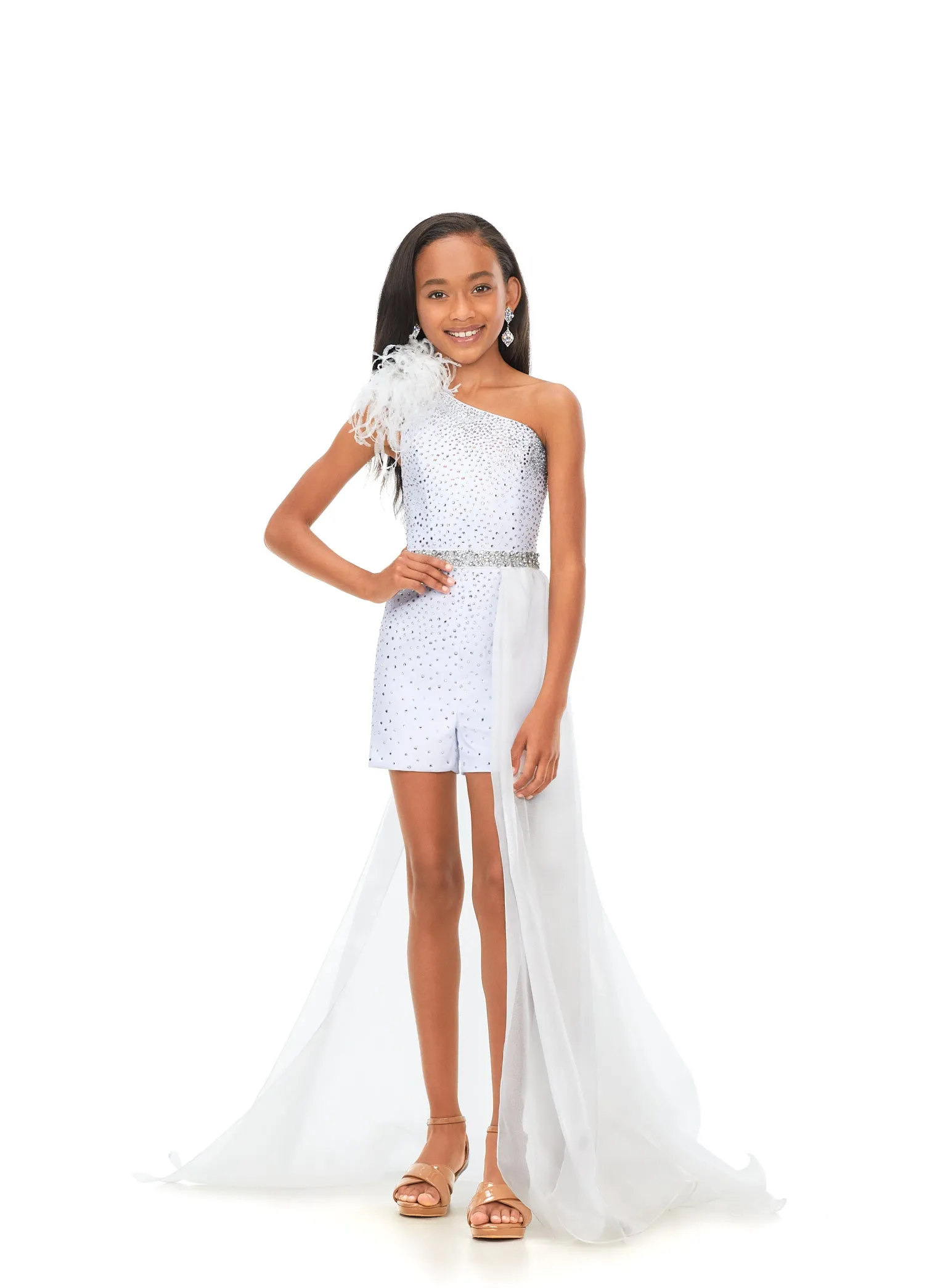 Ashley Lauren Kids 8177 Girls One Shoulder Romper Feathers and Side overskirt
