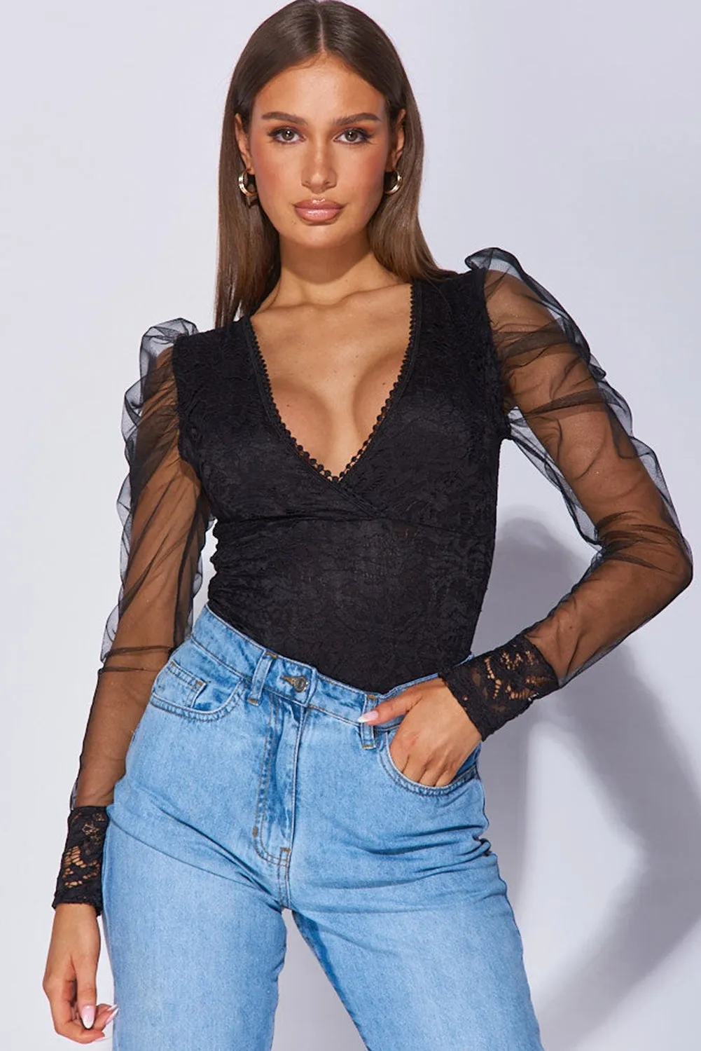 BerryBetty - Black V Neck Lace Sheer Puff Sleeve Bodysuit