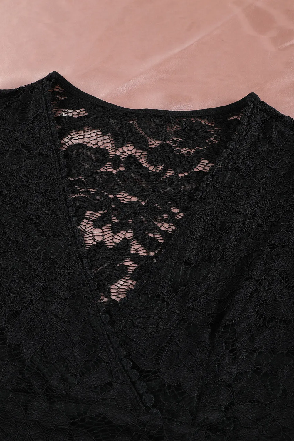 BerryBetty - Black V Neck Lace Sheer Puff Sleeve Bodysuit