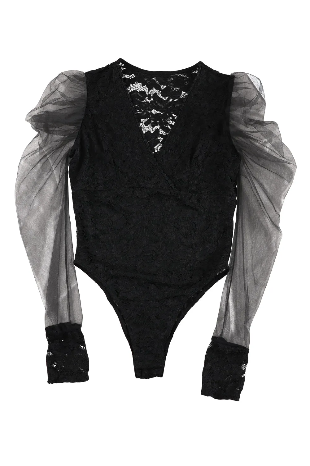 BerryBetty - Black V Neck Lace Sheer Puff Sleeve Bodysuit