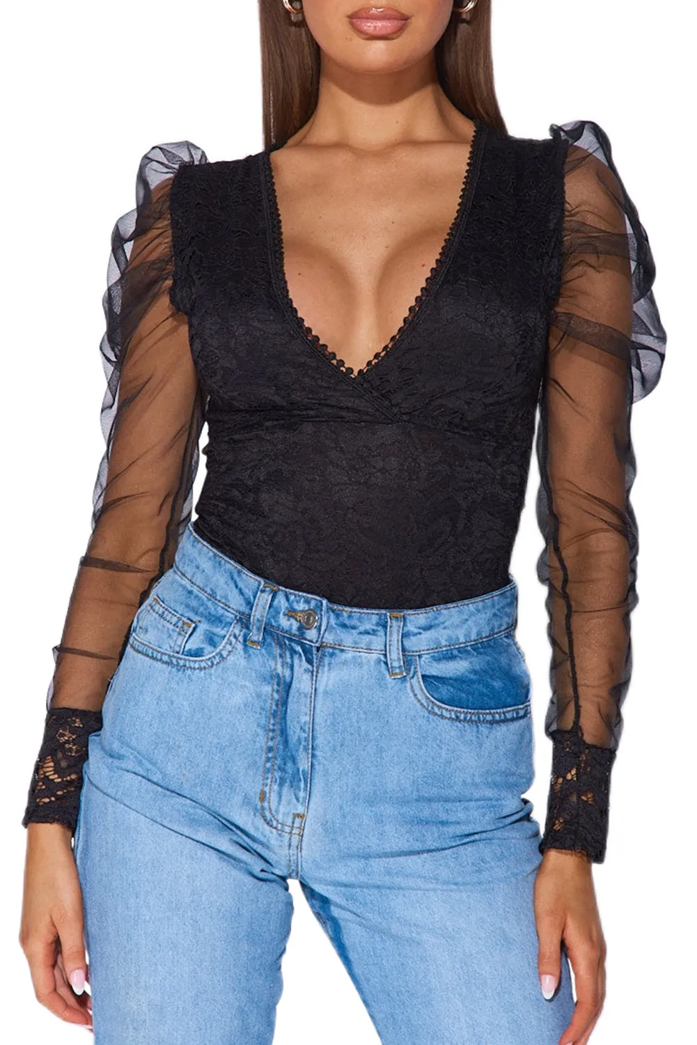 BerryBetty - Black V Neck Lace Sheer Puff Sleeve Bodysuit