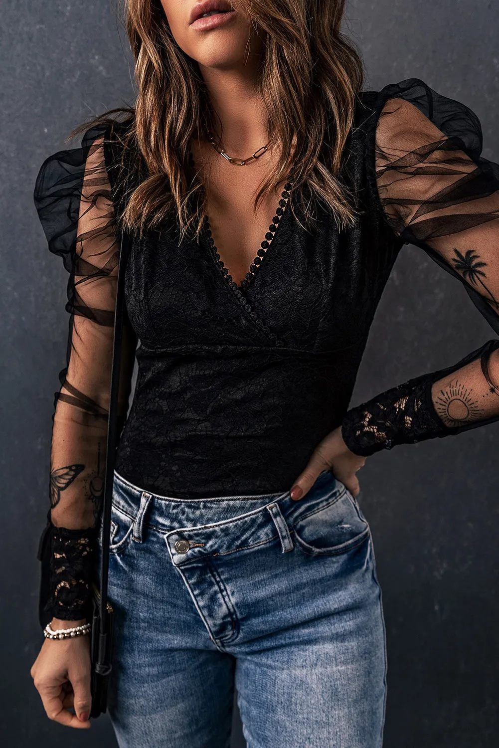 BerryBetty - Black V Neck Lace Sheer Puff Sleeve Bodysuit
