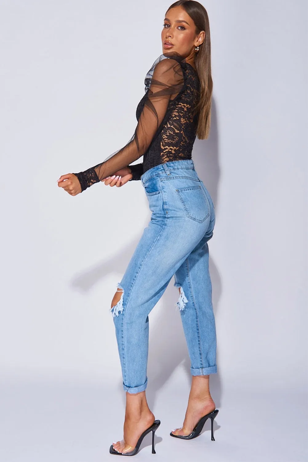 BerryBetty - Black V Neck Lace Sheer Puff Sleeve Bodysuit