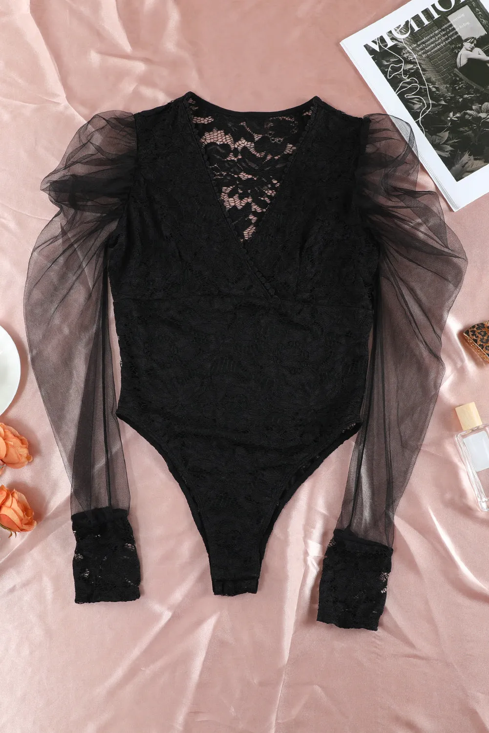 BerryBetty - Black V Neck Lace Sheer Puff Sleeve Bodysuit