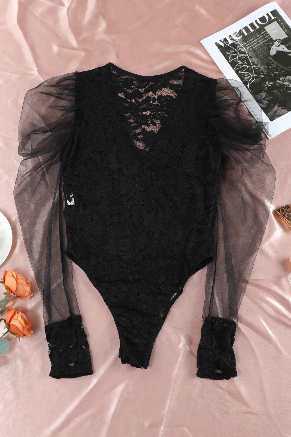 BerryBetty - Black V Neck Lace Sheer Puff Sleeve Bodysuit