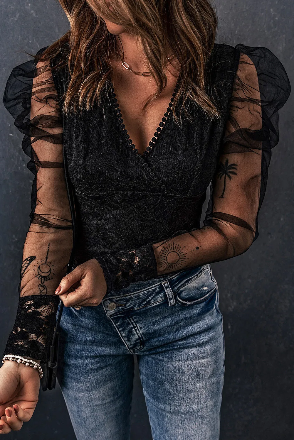 BerryBetty - Black V Neck Lace Sheer Puff Sleeve Bodysuit