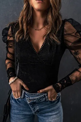BerryBetty - Black V Neck Lace Sheer Puff Sleeve Bodysuit