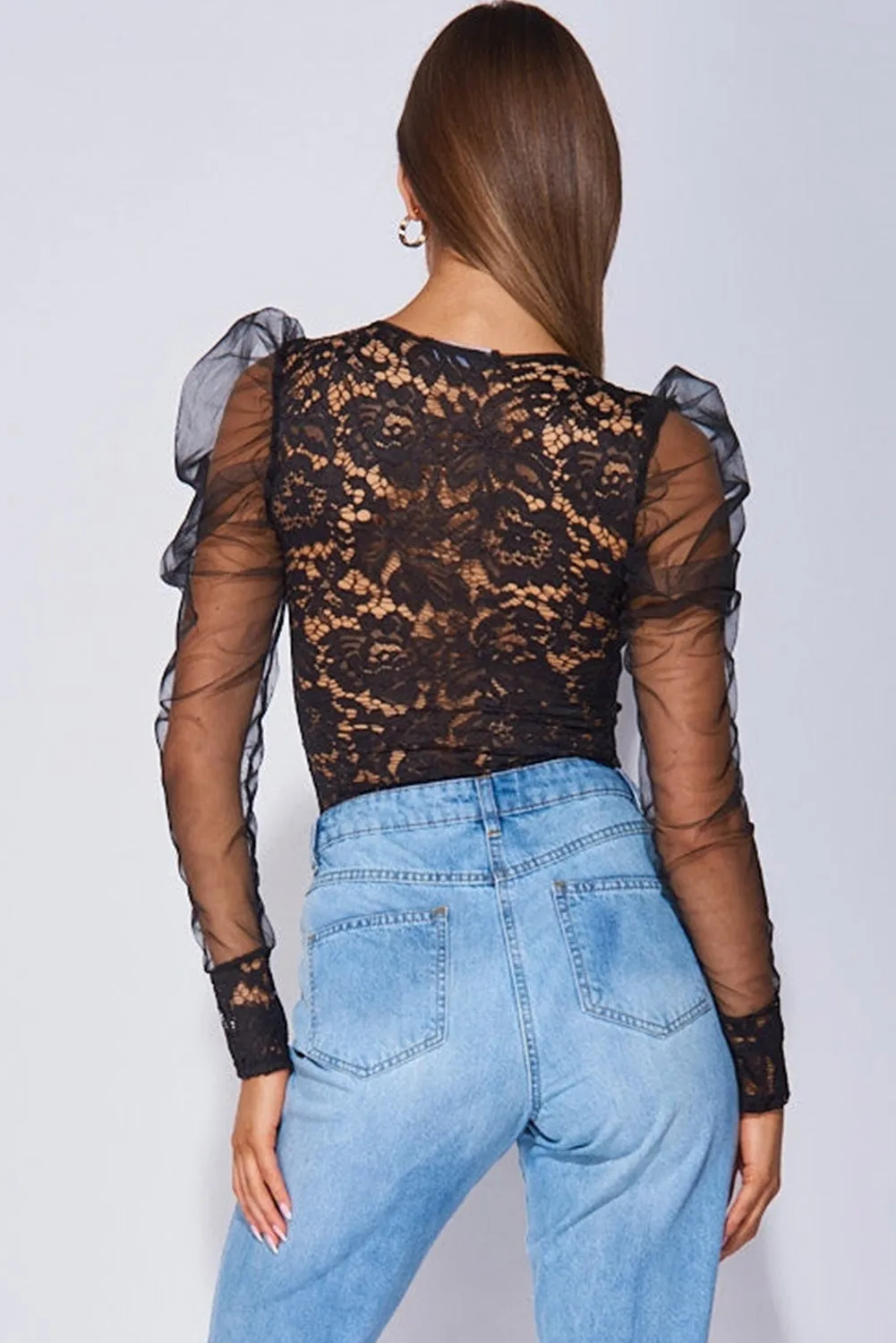 BerryBetty - Black V Neck Lace Sheer Puff Sleeve Bodysuit