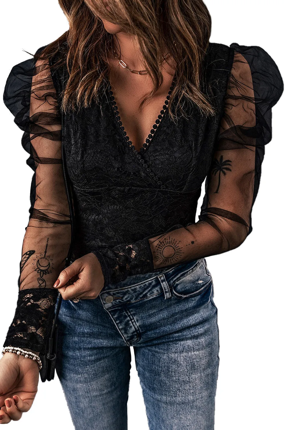 BerryBetty - Black V Neck Lace Sheer Puff Sleeve Bodysuit