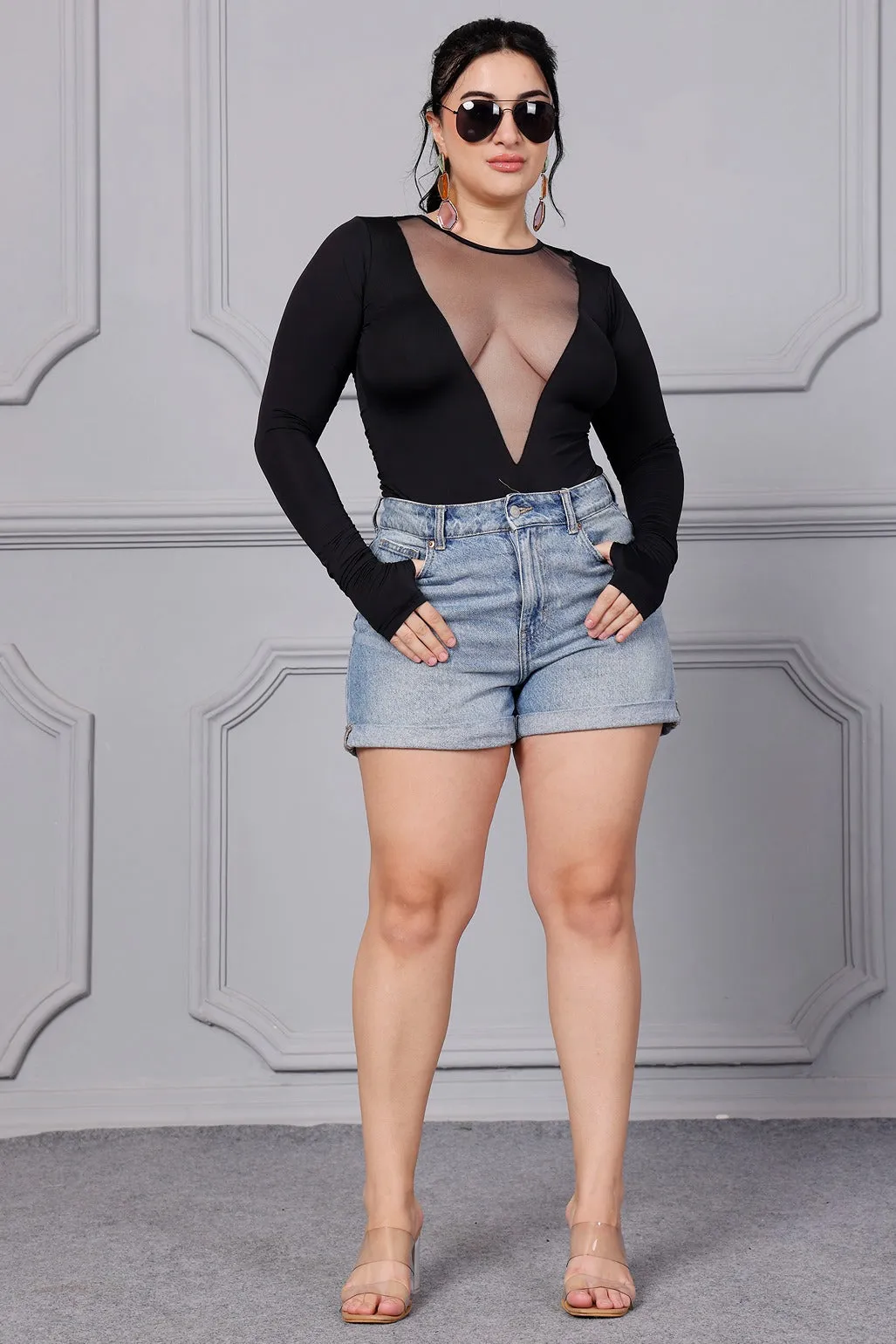 Black Bodysuit with Front Mesh