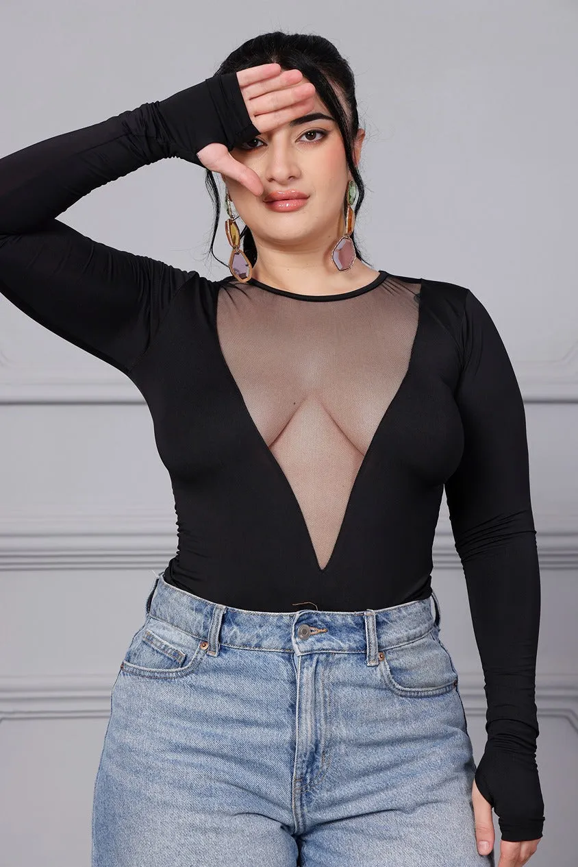 Black Bodysuit with Front Mesh