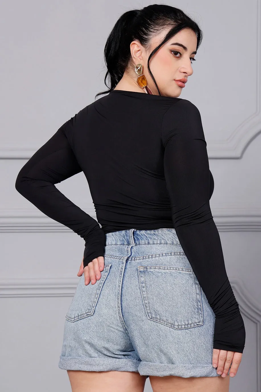 Black Bodysuit with Front Mesh