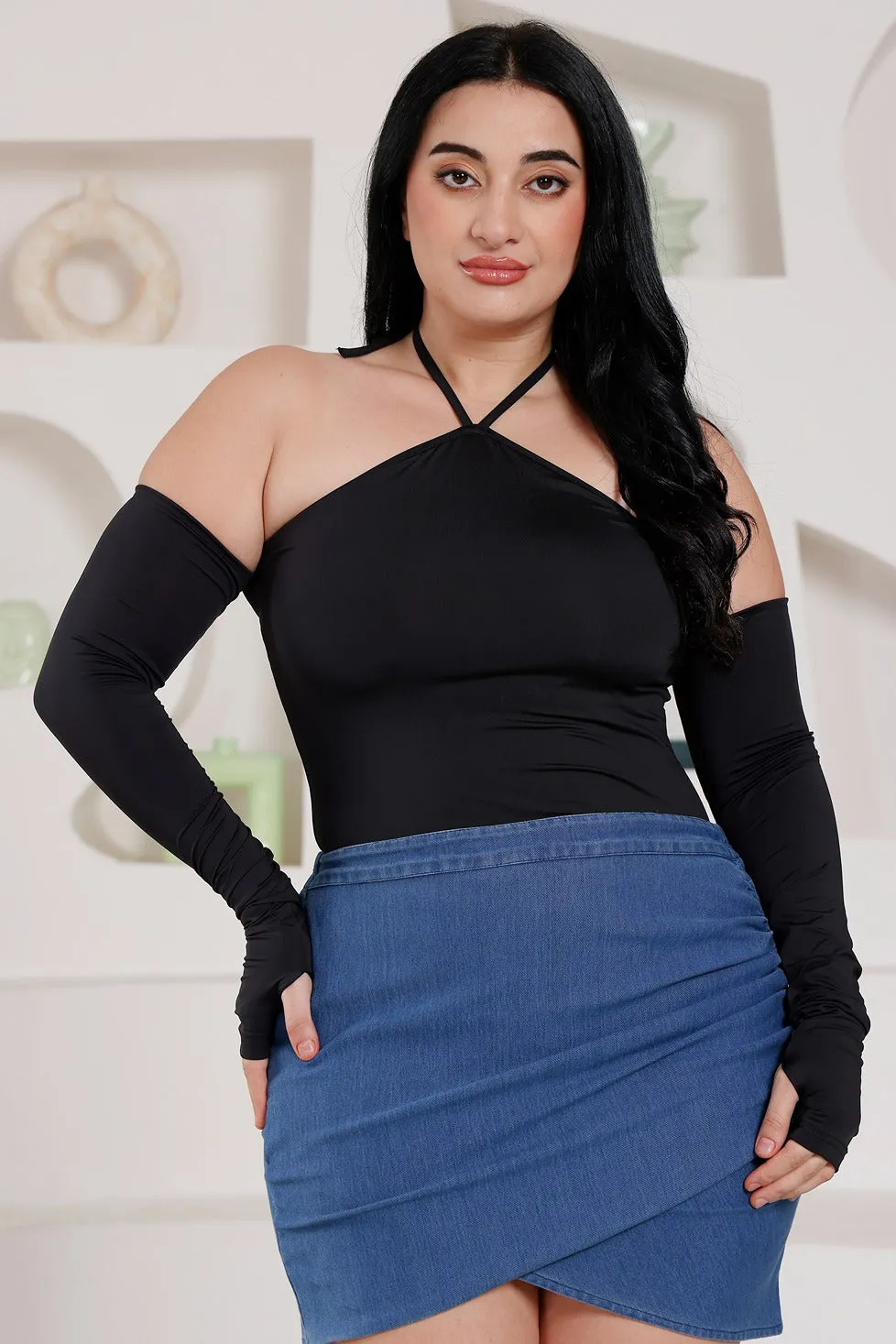 Black Solid Bodysuit with Criss Cross Neck