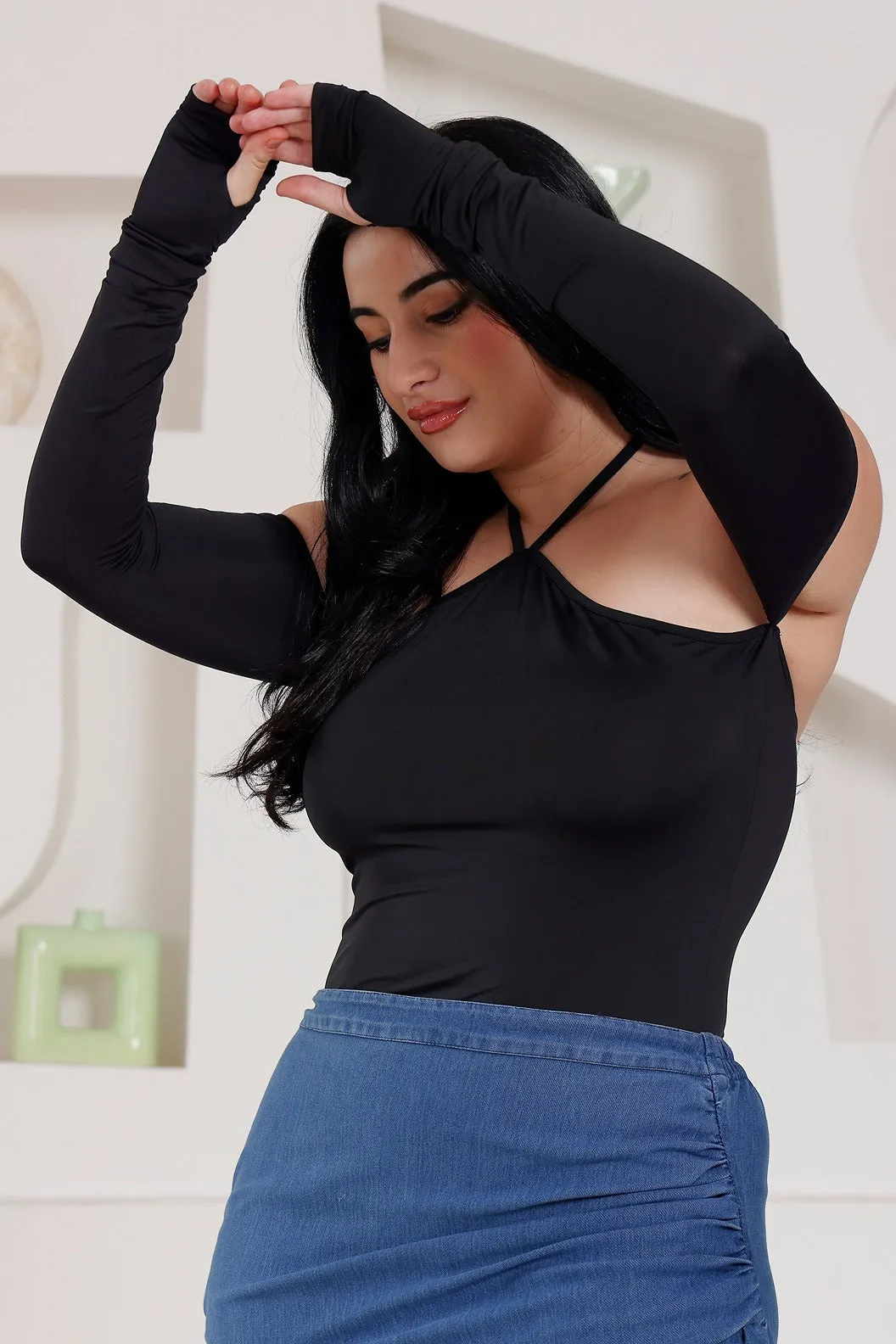 Black Solid Bodysuit with Criss Cross Neck
