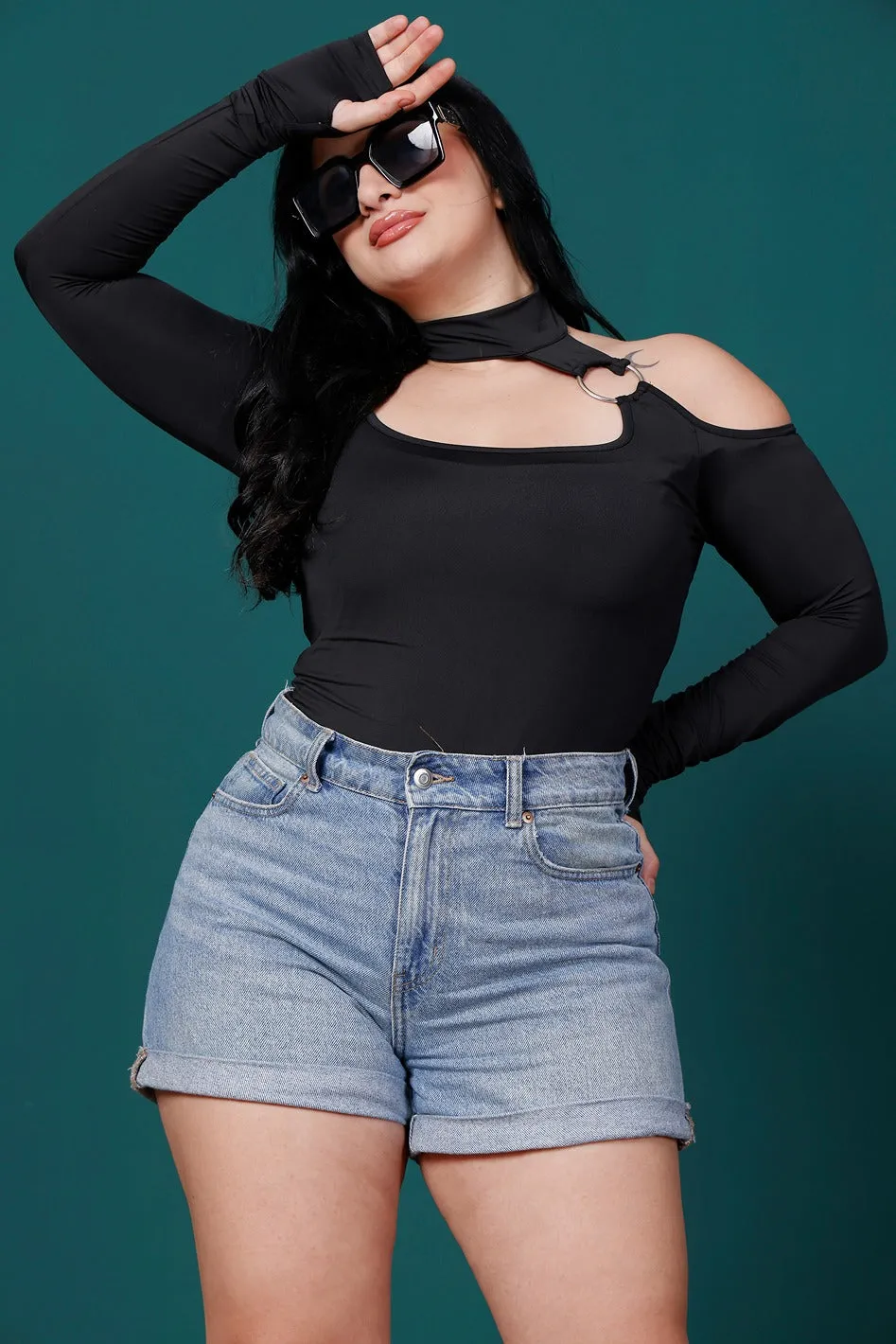 Black Solid Choker Neck Bodysuit