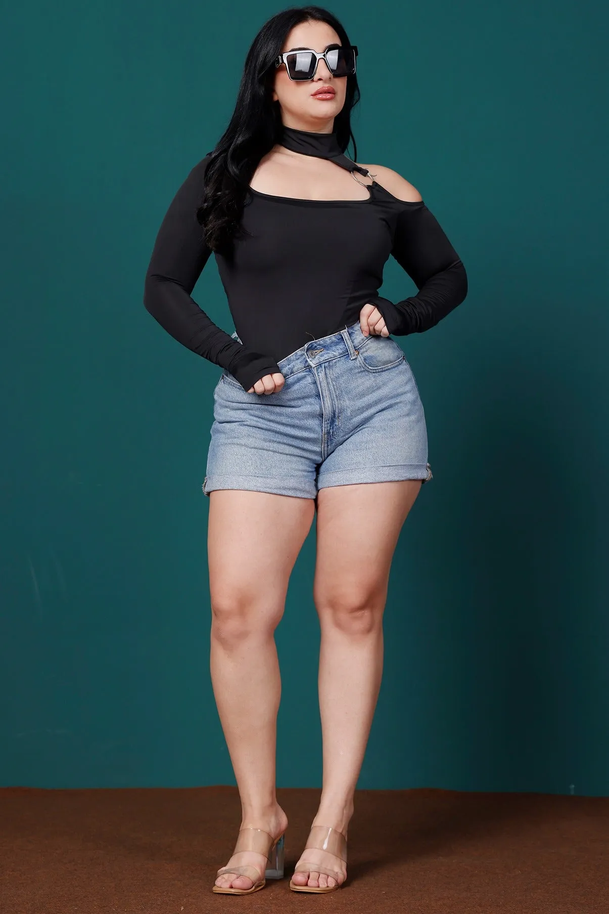 Black Solid Choker Neck Bodysuit