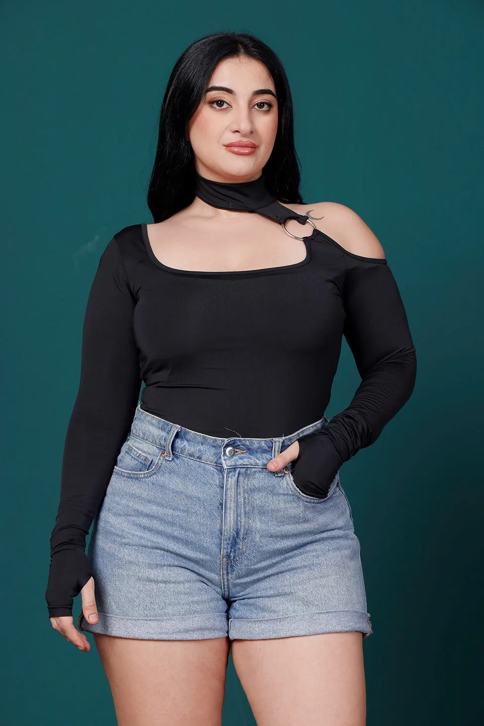 Black Solid Choker Neck Bodysuit