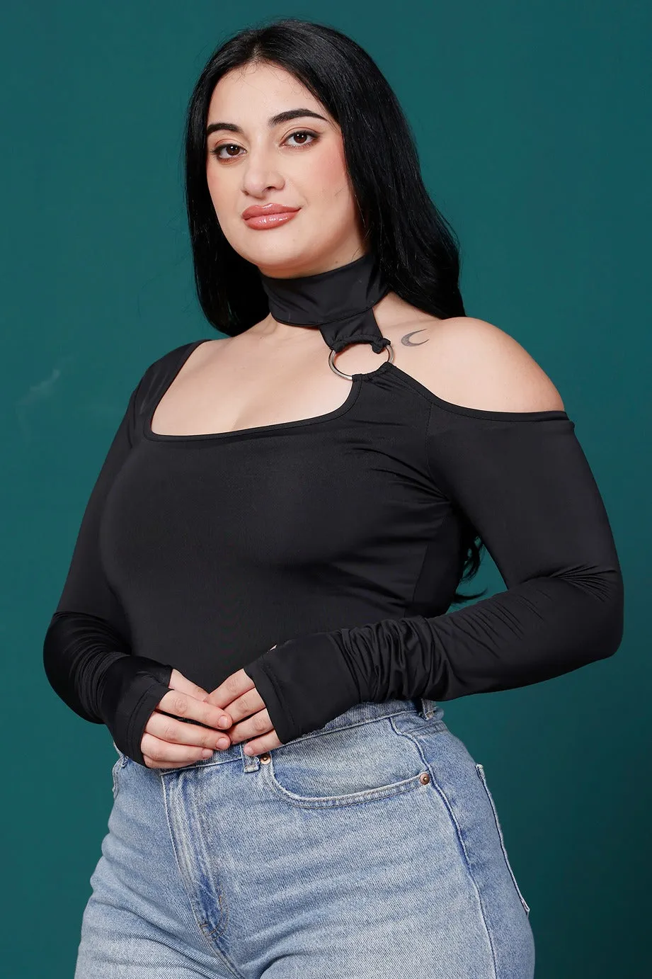 Black Solid Choker Neck Bodysuit
