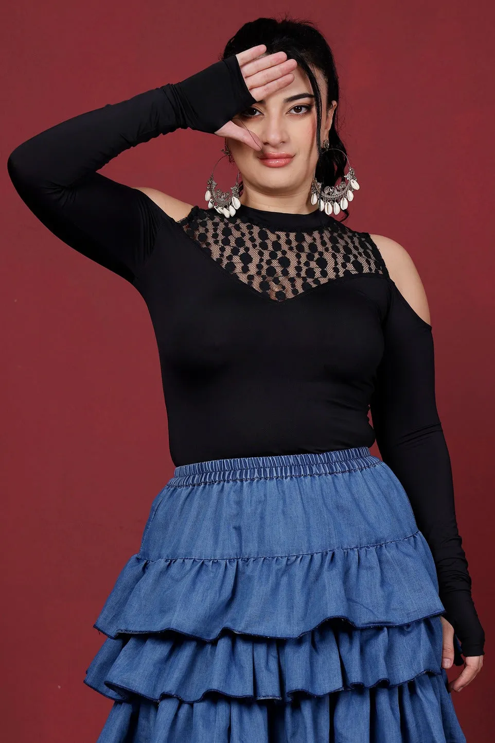 Black Solid Cold Shoulder Bodysuit