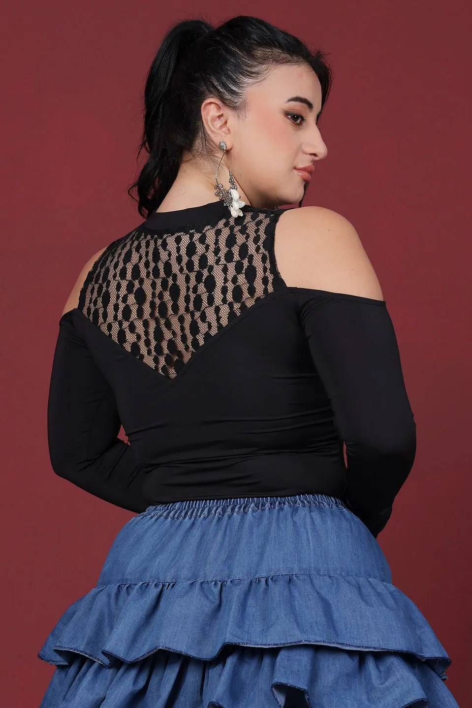 Black Solid Cold Shoulder Bodysuit