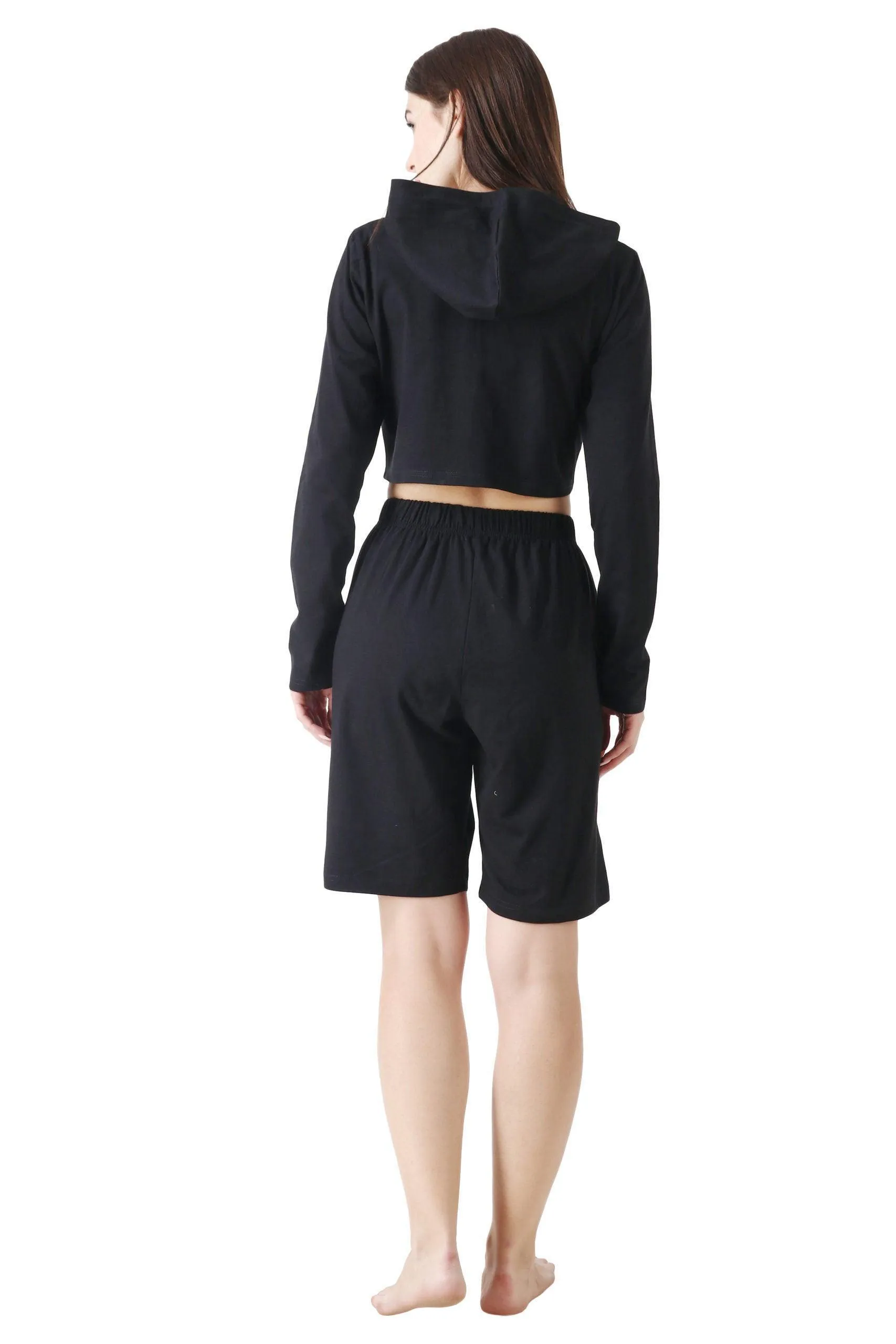 Black Solid Cropped Hoodie with Shorts