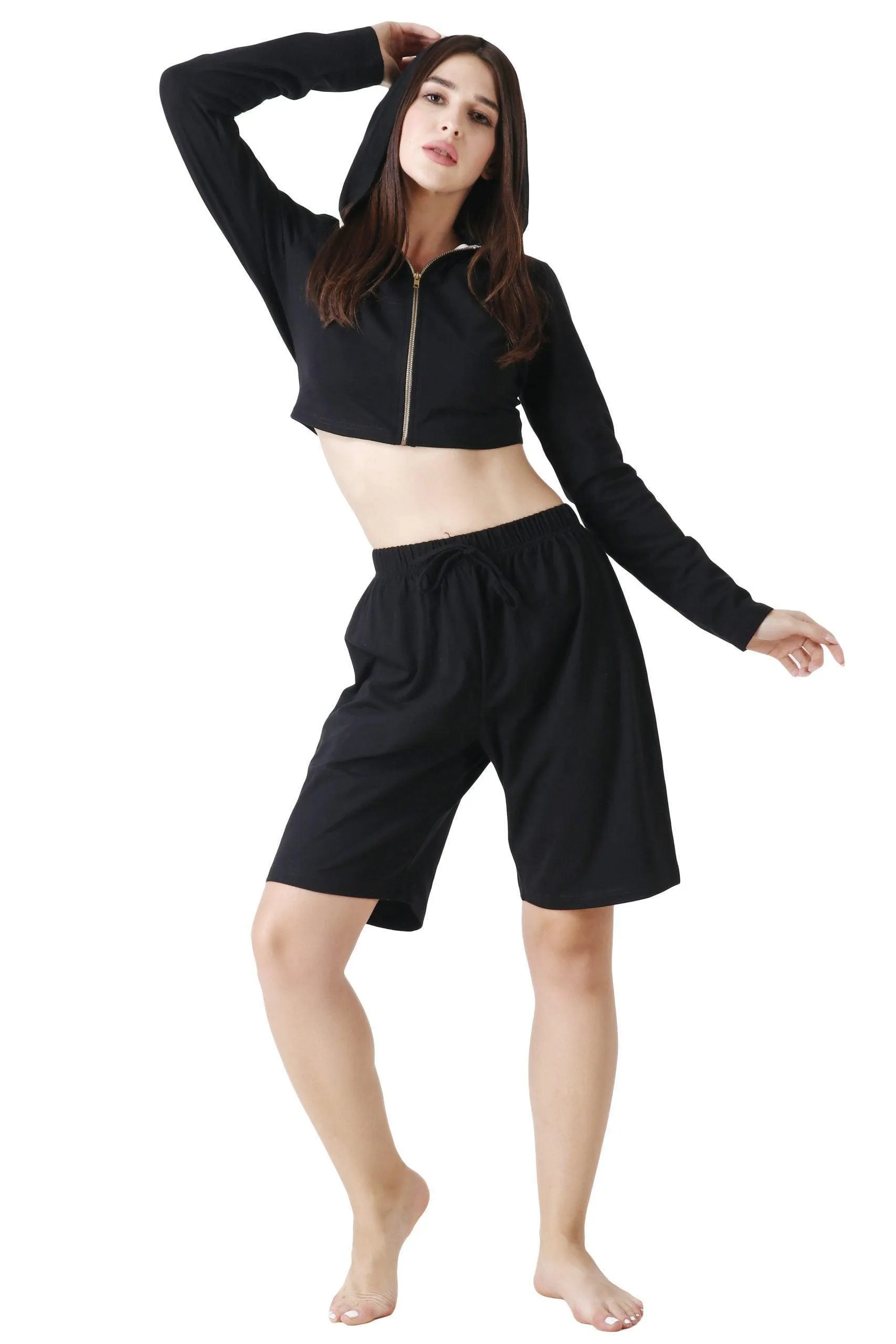 Black Solid Cropped Hoodie with Shorts