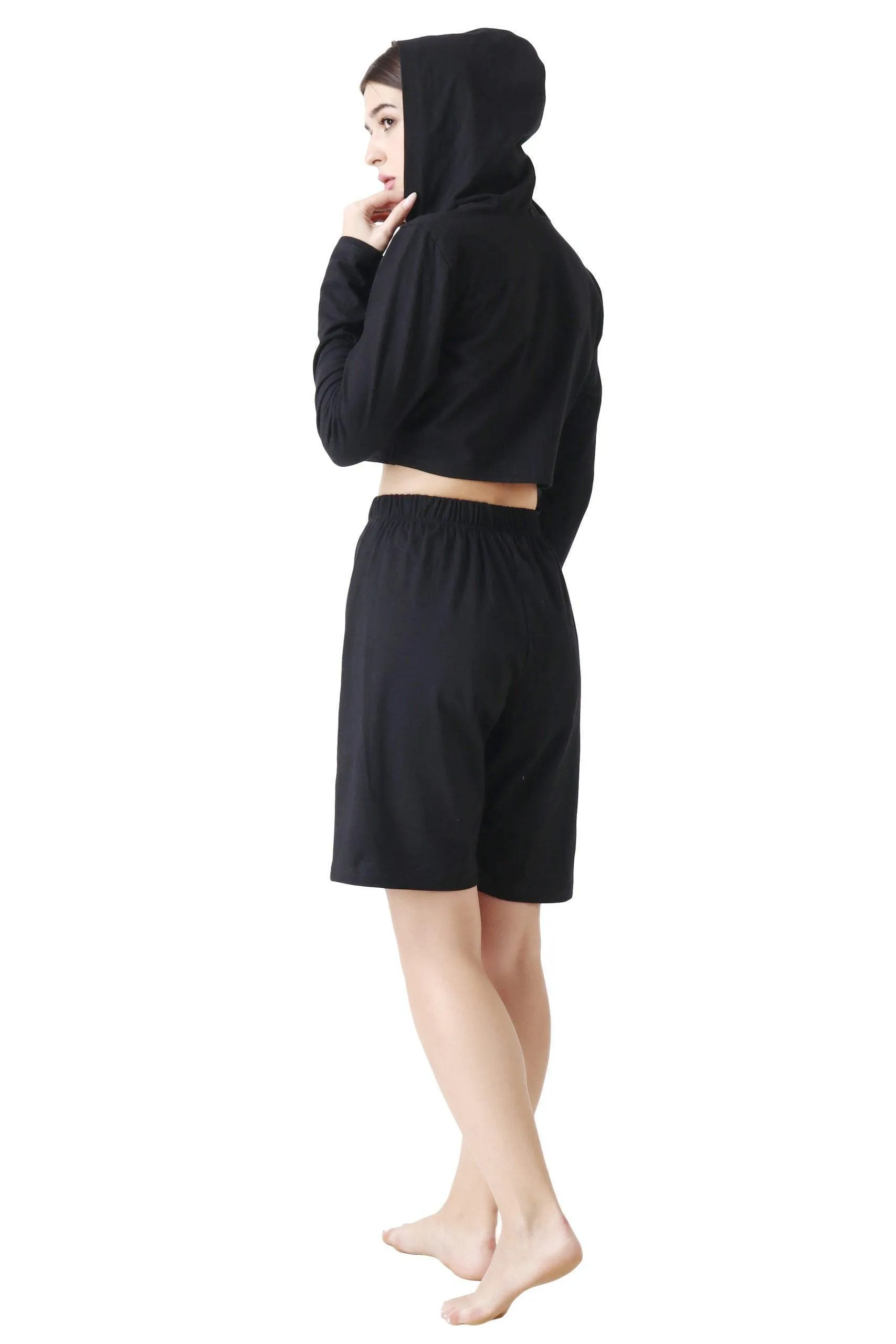 Black Solid Cropped Hoodie with Shorts