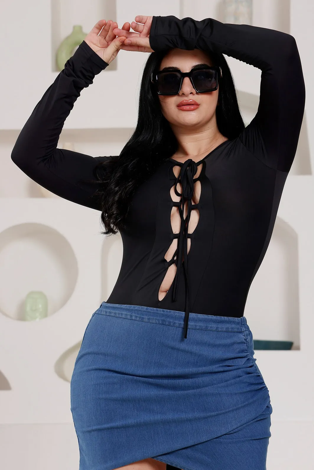 Black Solid Front Cutout Bodysuit