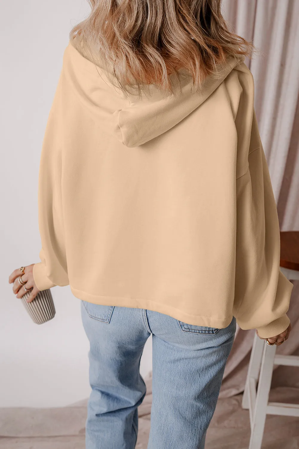 Bonbon Fleece Lined Half Zipper Kangaroo Pockets Loose Hoodie