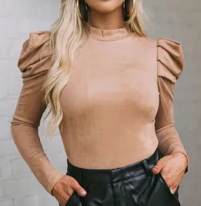 Brown Puff Sleeve Suede Bodysuit