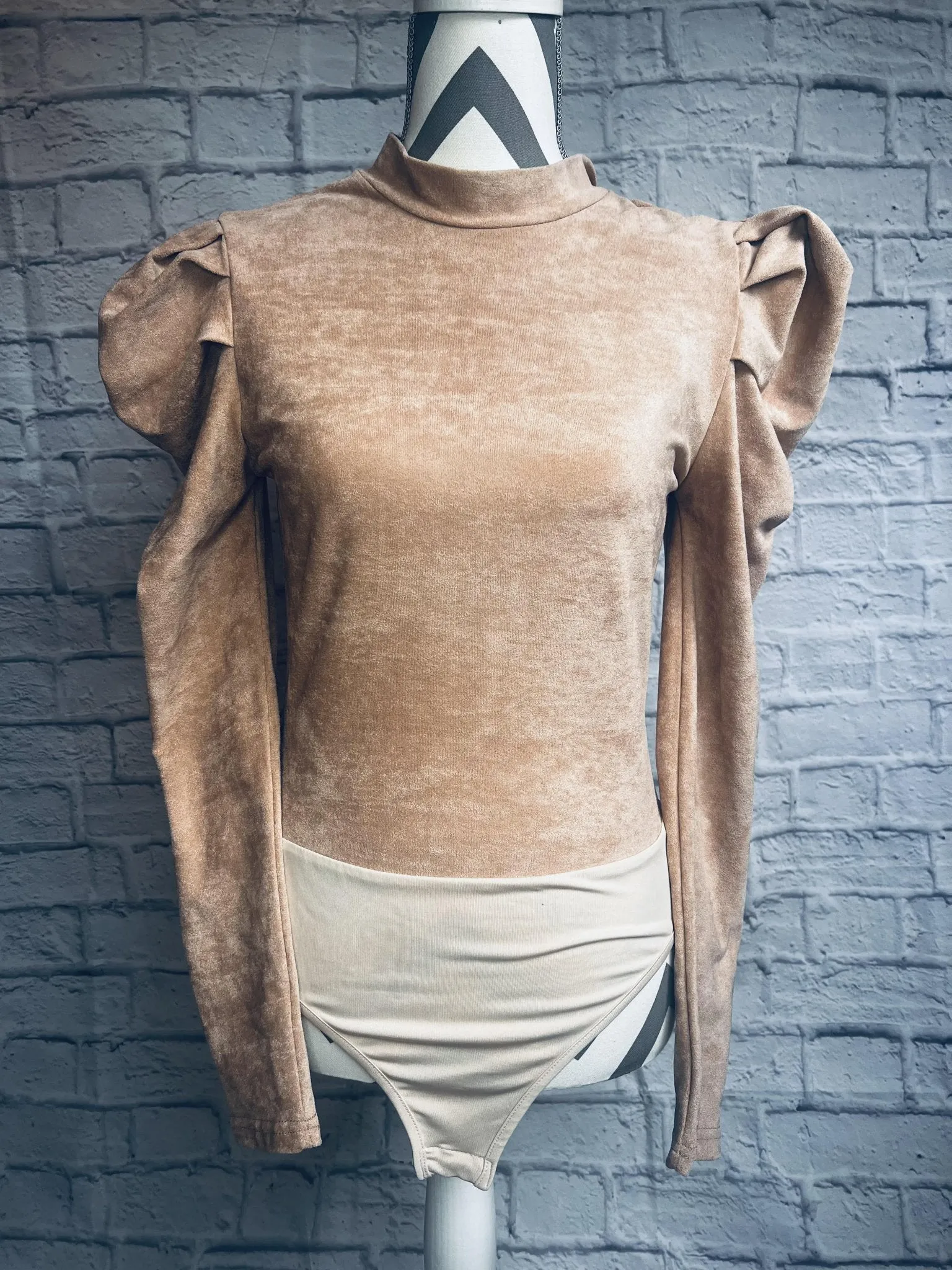Brown Puff Sleeve Suede Bodysuit