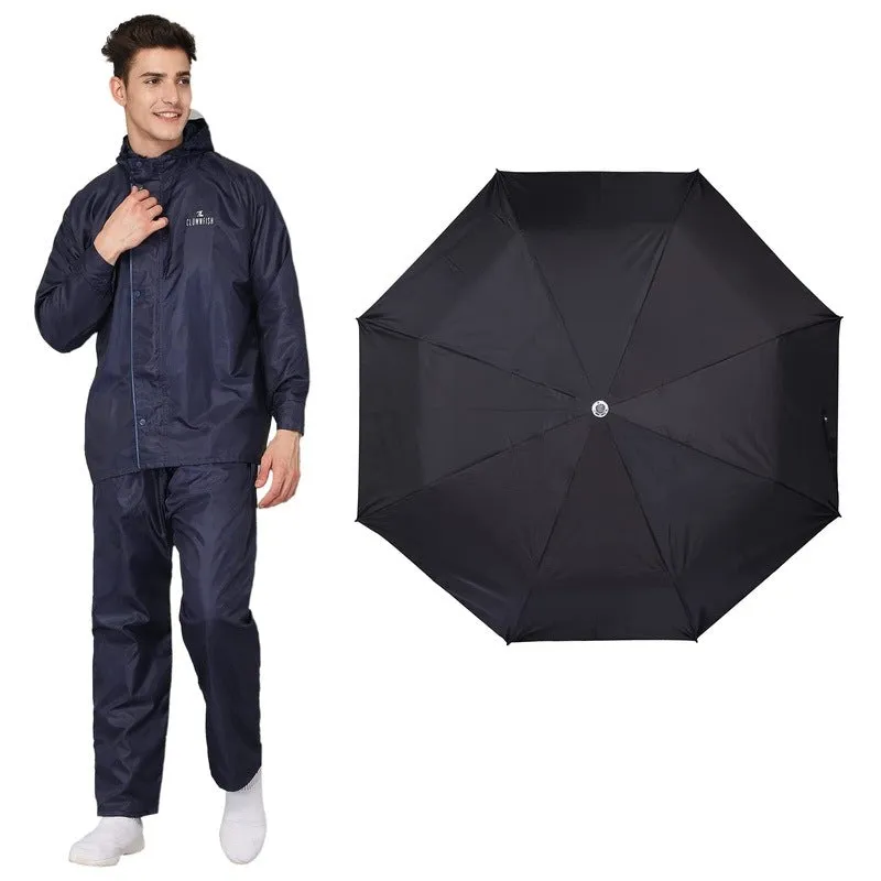 Combo: Waterproof Men's Rain Coat & 3-Fold Umbrella | L | Blue & Black