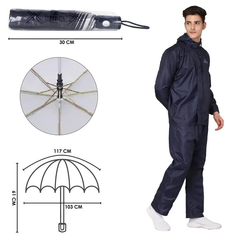 Combo: Waterproof Men's Rain Coat & 3-Fold Umbrella | L | Blue & Black
