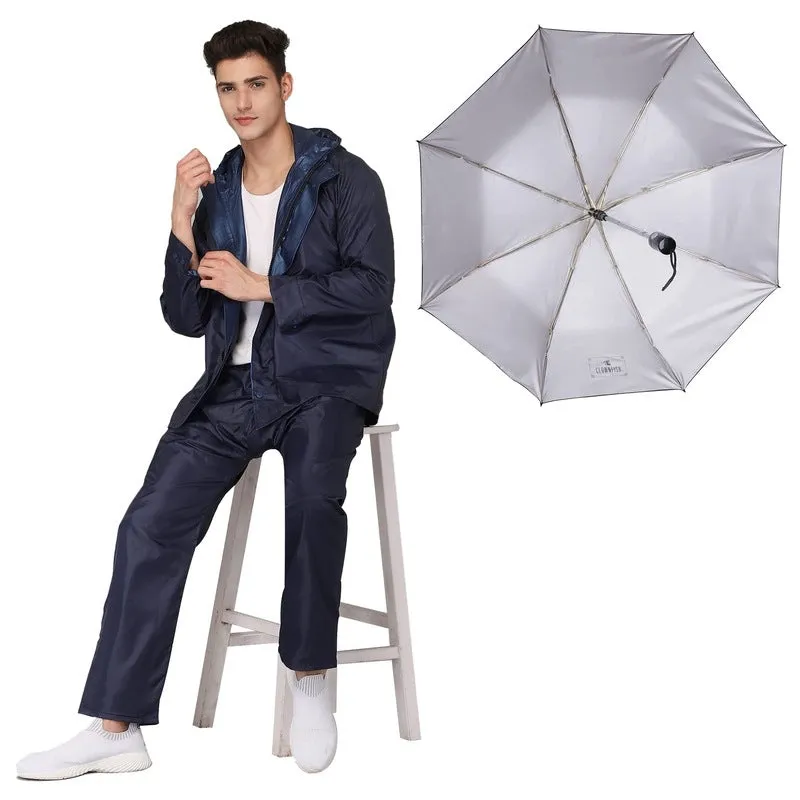 Combo: Waterproof Men's Rain Coat & 3-Fold Umbrella | L | Blue & Black