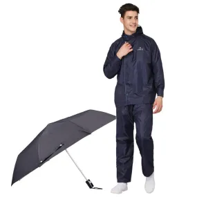 Combo: Waterproof Men's Rain Coat & 3-Fold Umbrella | L | Blue & Black