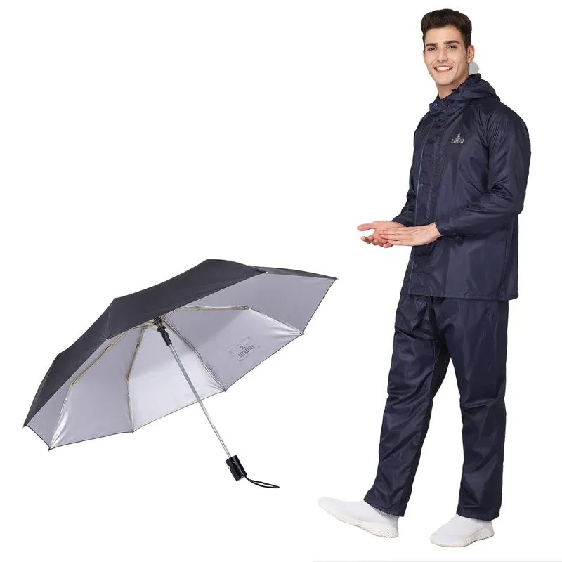 Combo: Waterproof Men's Rain Coat & 3-Fold Umbrella | L | Blue & Black