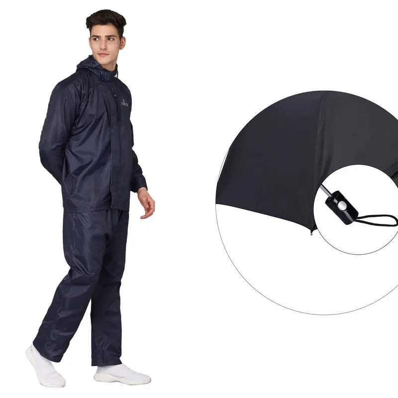 Combo: Waterproof Men's Rain Coat & 3-Fold Umbrella | L | Blue & Black