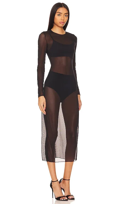 Commando Chic Mesh Long Sleeve Midi Dress in Black