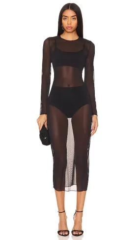 Commando Chic Mesh Long Sleeve Midi Dress in Black