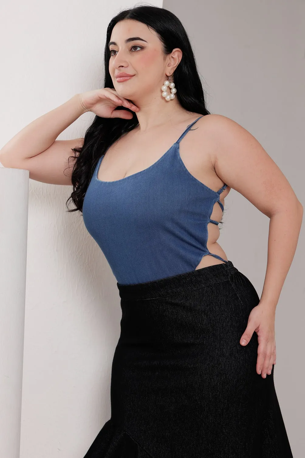 Denim Solid Backless Criss Cross Bodysuit