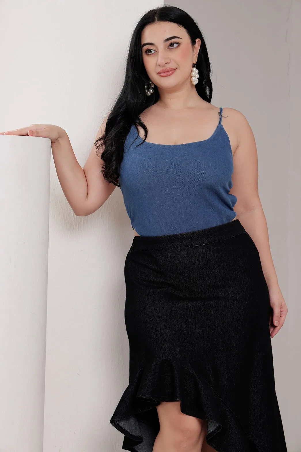 Denim Solid Backless Criss Cross Bodysuit