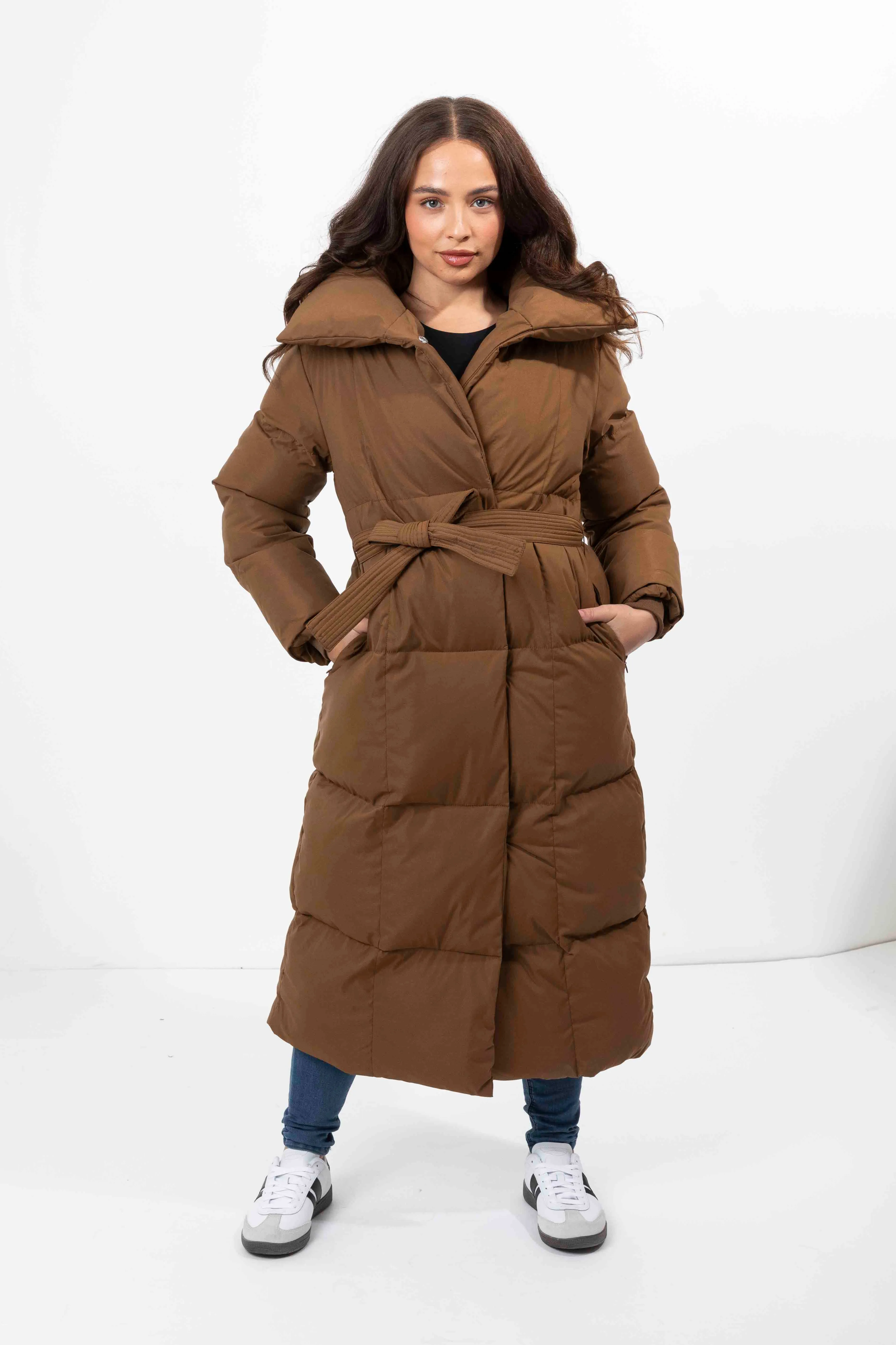 High Neck Quilted Tie Belt Relaxed Fit Long Winter Jacket