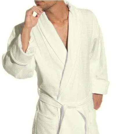 Ivory Cotton Jacquard Velour Shawl Collar Waffle Weave Bath Robes (Single)