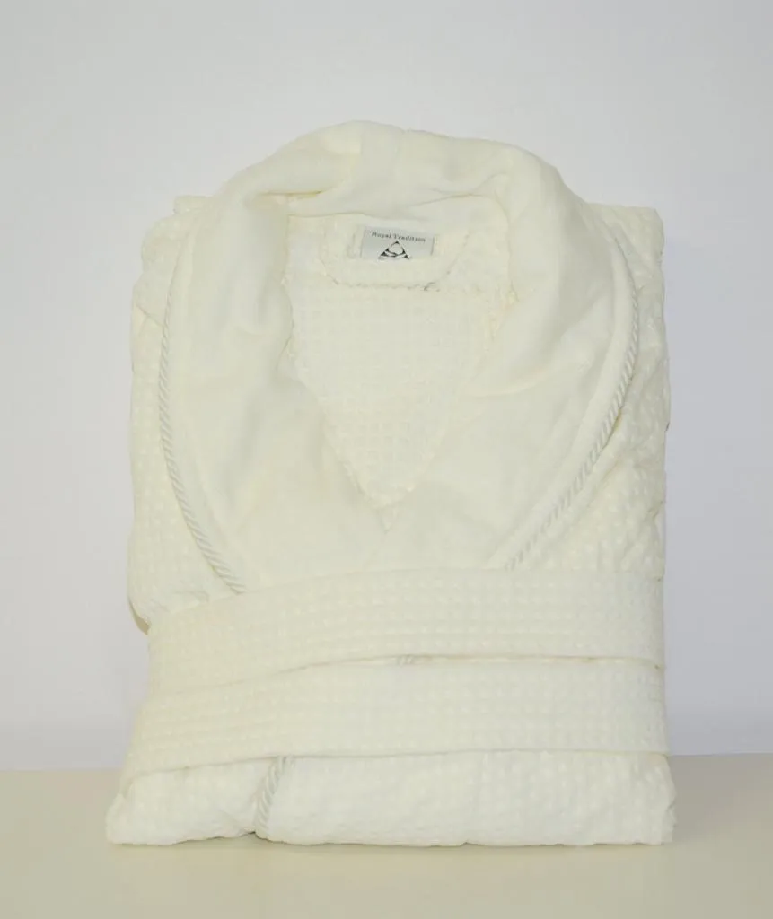 Ivory Cotton Jacquard Velour Shawl Collar Waffle Weave Bath Robes (Single)