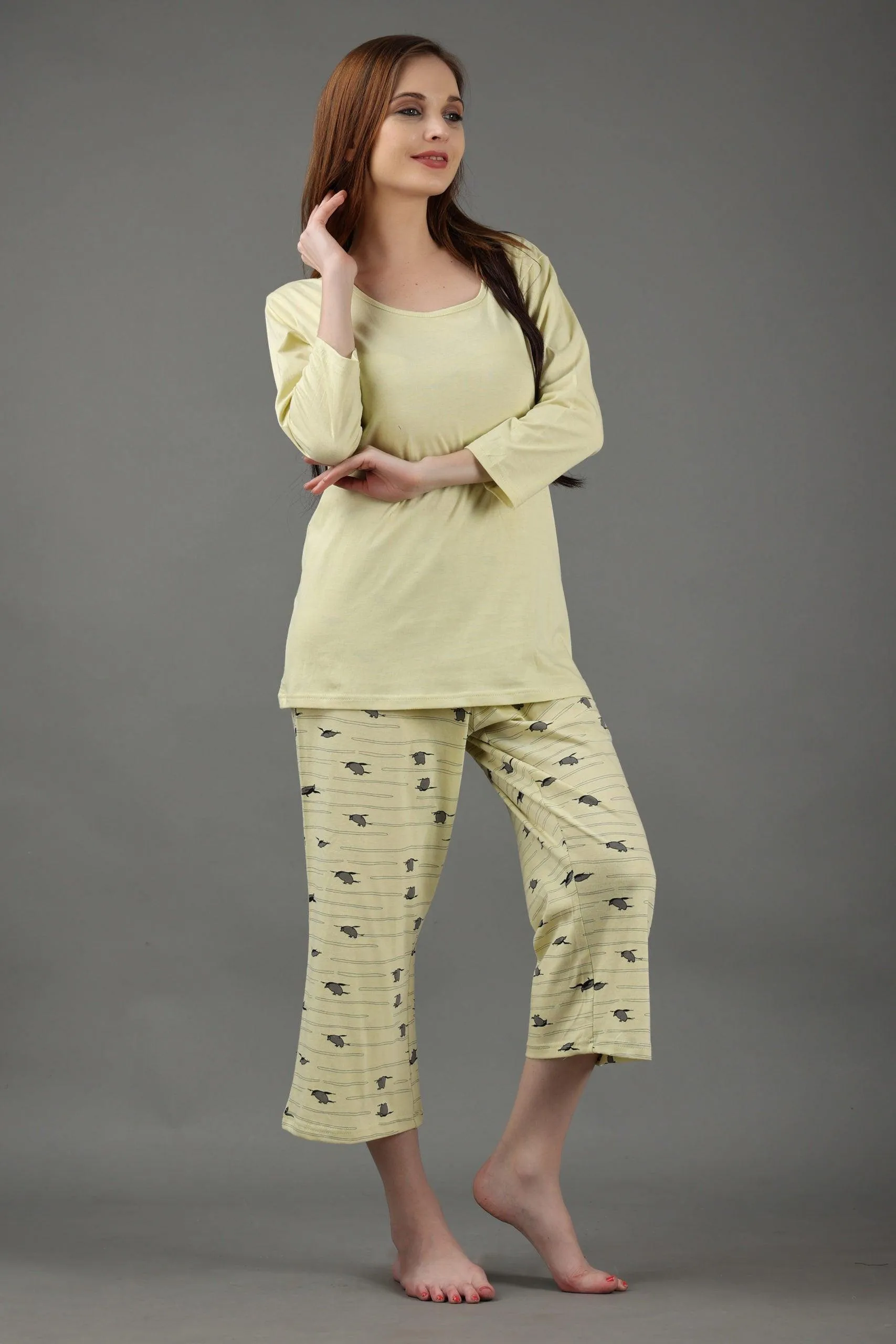 Lemon Yellow Penguin Printed Night Suit Set with Three Quarter Pyjamas